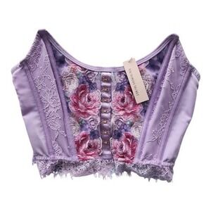 Victoria's Secret Lilac Floral Corset Top‎ Bustier Lace Trim Hook and Eye M-DD